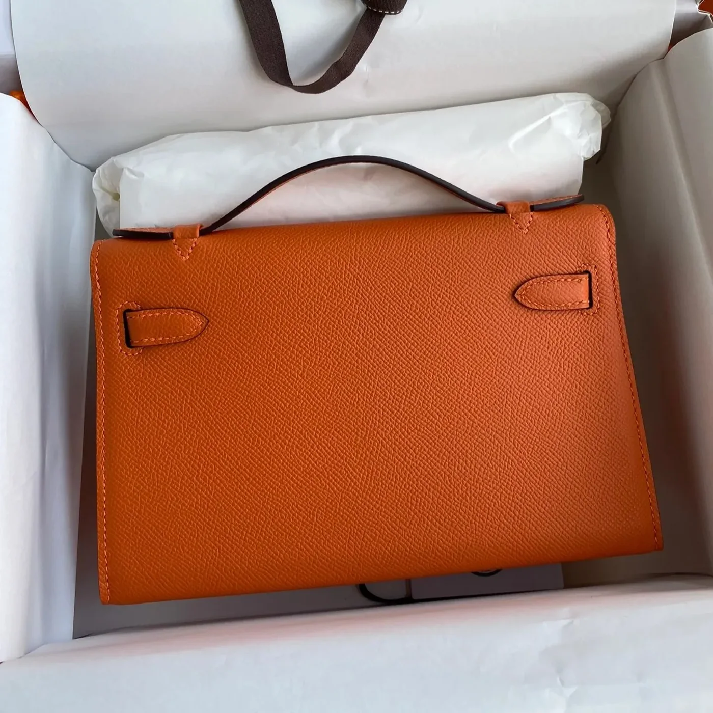 Hermes Kelly Pochette Top Handle Bag in Orange Epsom Palladium Hardware