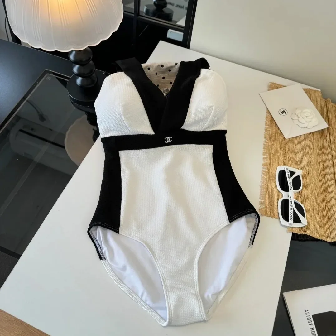 Chanel Color-Block Textured One in Piece Swimsuit Black/ White