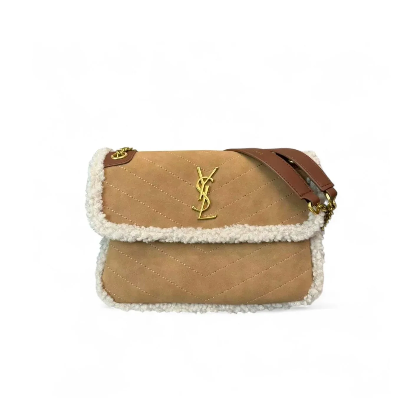 Saint Laurent Taupe Shearling Medium Niki Bag Brown