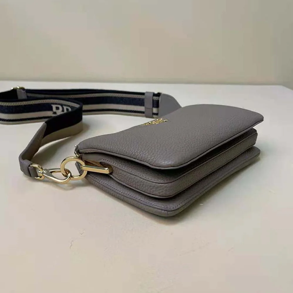 Prada Leather Shoulder Bag with Metal Lettering Logo for Women in Gray Prada Leather Shoulder Bag with Metal Lettering Logo for Women in Gray