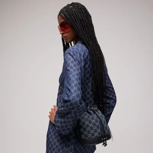 Gucci Venice Small Bucket Bag / Dark Blue Denim Palladium Hardware Gucci Venice Small Bucket Bag / Dark Blue Denim Palladium Hardware