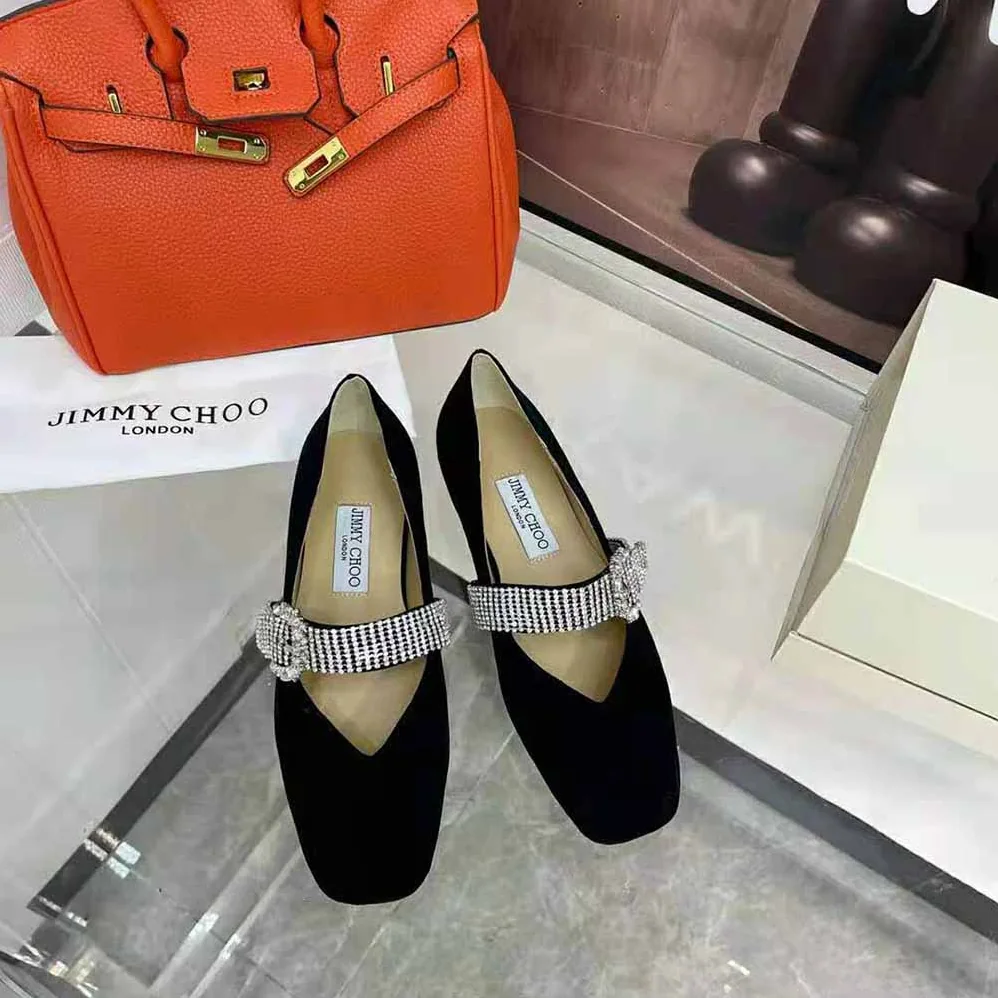 Jimmy Choo Krista Flat Black Suede Flats with Crystal for Women in Embellished Strap