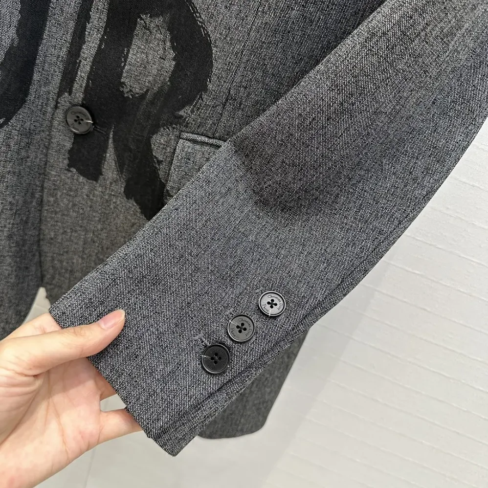 Dior Blazer Gray End-on-End Virgin Wool with Black Miss Dior Graffiti Motif for Women