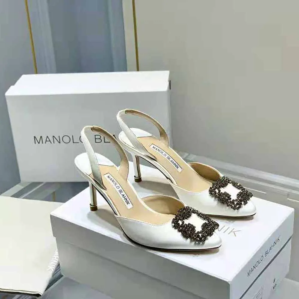 Manolo Blahnik Cream Satin Jewel Buckle Slingback Pumps for Women Manolo Blahnik Cream Satin Jewel Buckle Slingback Pumps for Women