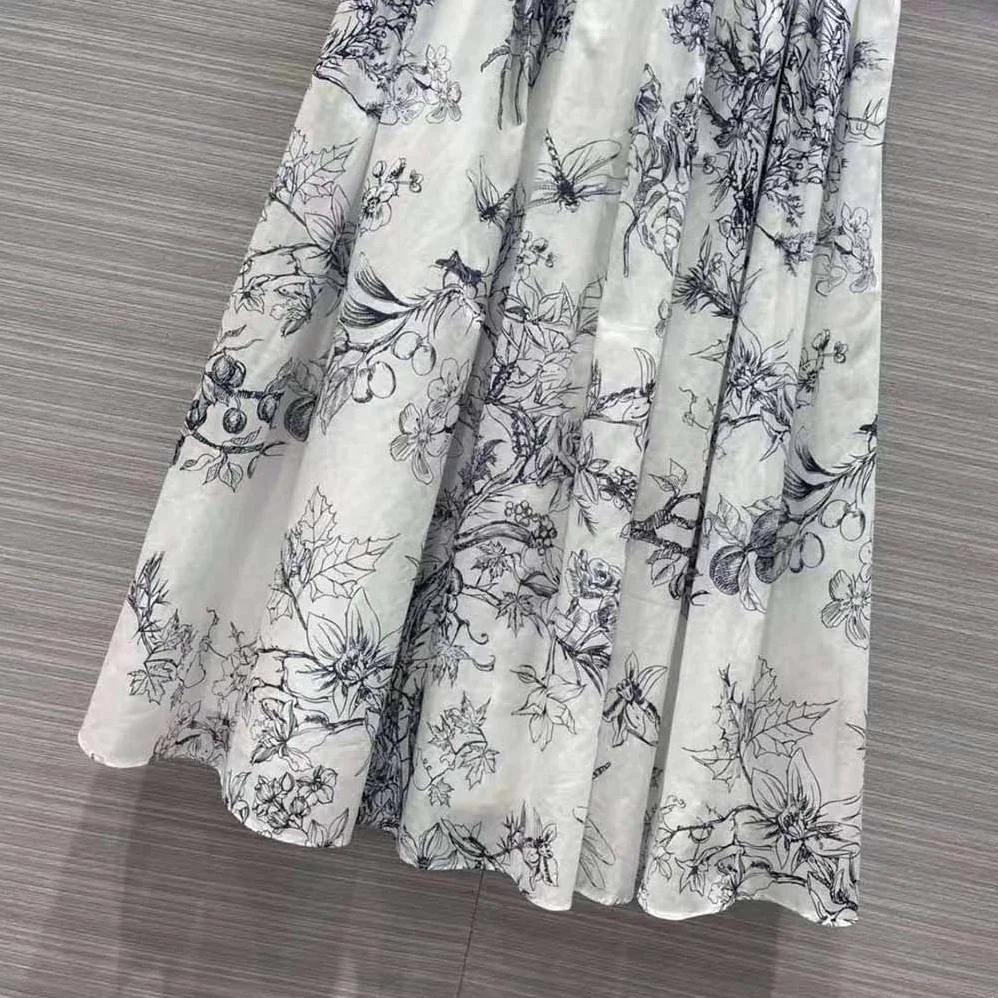Dior Mid-Length Skirt Navy Blue Cotton Muslin with Toile de Jouy Flowers Motif for Women