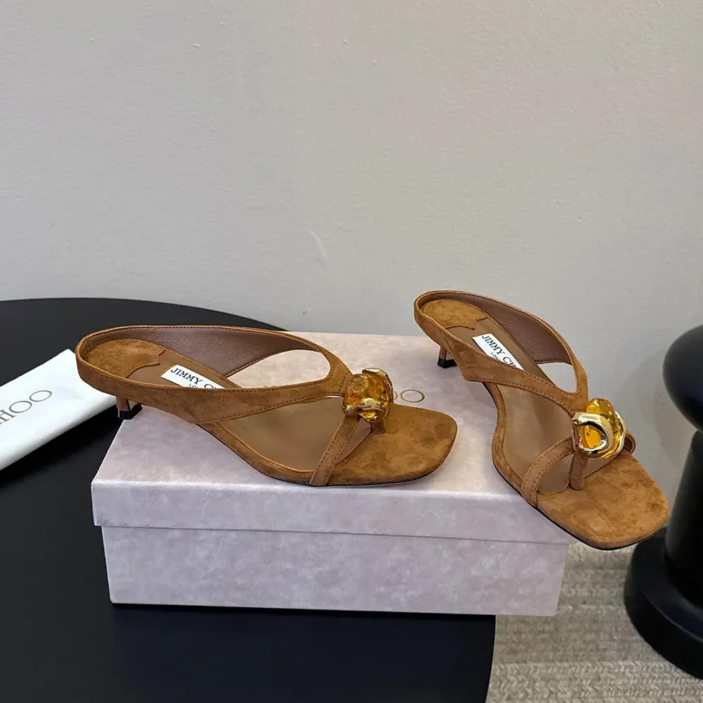Jimmy Choo Emeri Stone 35 Tan Suede Sandals with Stone Detail for Women