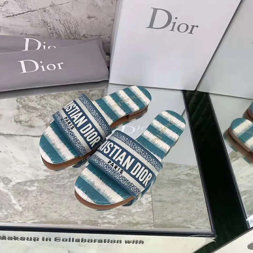 Dior Dway Slide Deep Ocean Blue D for Women in Stripes Embroidered Cotton