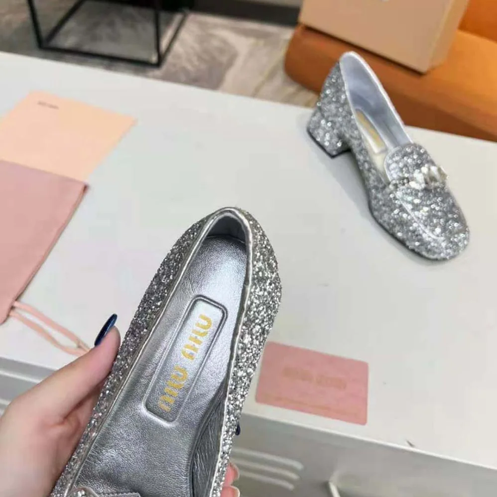 Miu Miu Glitter Fabric Loafers with Fabric Logo Label for Women Miu Miu Glitter Fabric Loafers with Fabric Logo Label for Women