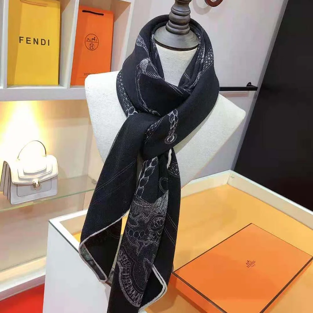 Hermes Embroidered Grand Apparat Scarf 90 for Women in Black Hermes Embroidered Grand Apparat Scarf 90 for Women in Black