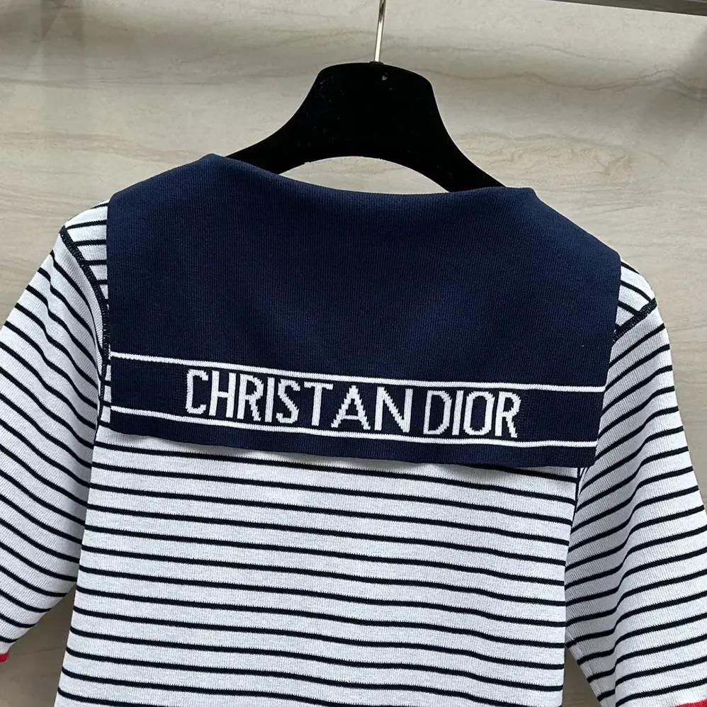 Dior Dioriviera Sweater White and Navy Blue Linen, Cashmere and Silk Ribbed Knit for Women Dior Dioriviera Sweater White and Navy Blue Linen, Cashmere and Silk Ribbed Knit for Women