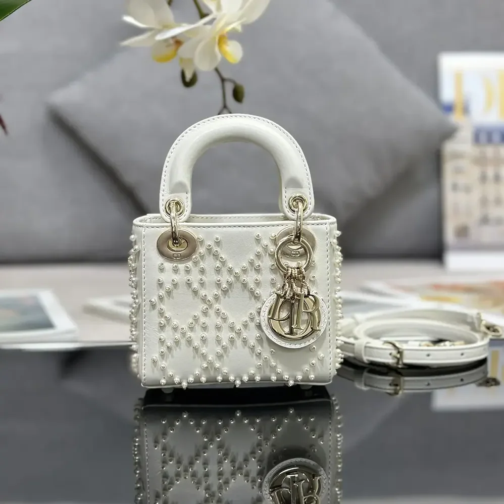 Dior Lady Dior Micro Bag Latte Cannage Lambskin with Resin Pearls for Women Dior Lady Dior Micro Bag Latte Cannage Lambskin with Resin Pearls for Women