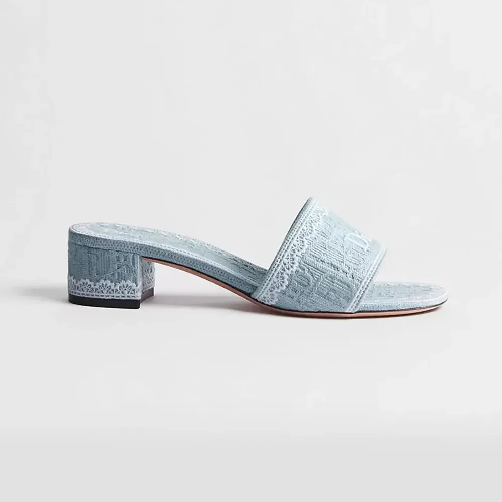 Dior Dentelle Heeled Slide Sky Blue Dior Oblique Embroidered Cotton and White Lace for Women