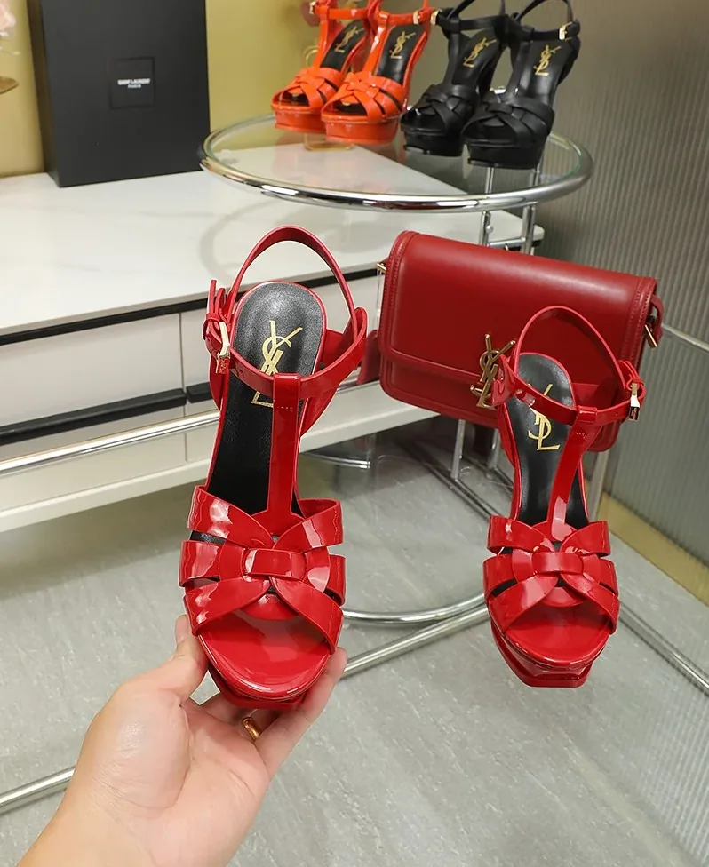Saint Laurent Tribute Platform Sandals In Patent Brown