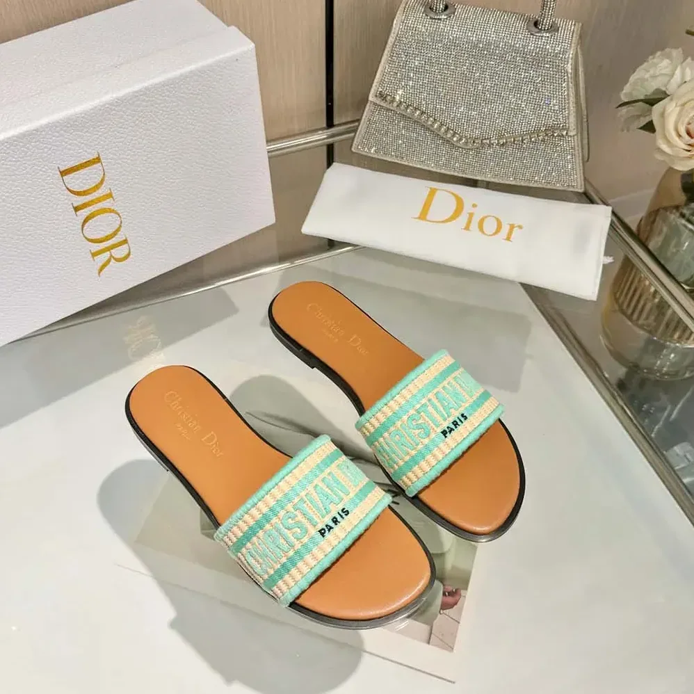 Dior Dioriviera Dway Slide Natural Raffia and Aquamarina Embroidered Cotton for Women