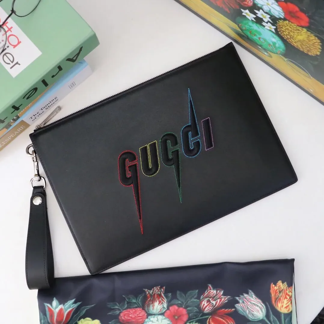 Gucci Pouch in Black With Blade Embroidery , Pouch / for Men