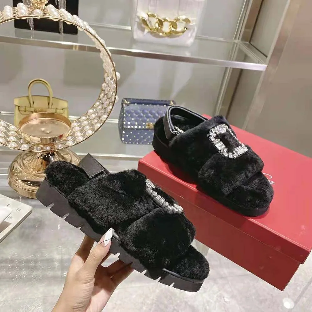 Roger Vivier Viv' Winter Fur Strass Buckle Sandals in Sheepskin for Women in Black Roger Vivier Viv' Winter Fur Strass Buckle Sandals in Sheepskin for Women in Black