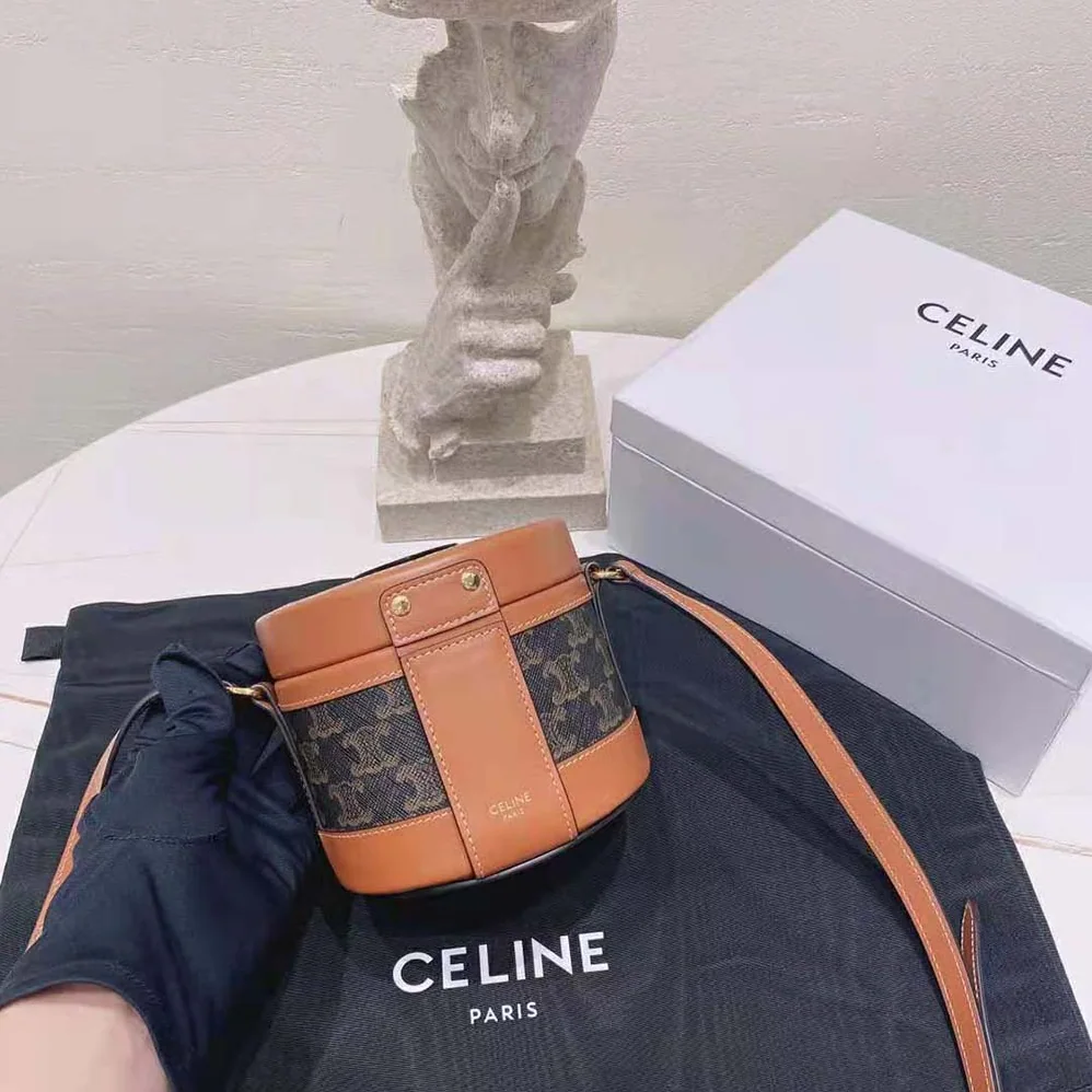Celine Small Tambour Bag in Triomphe Canvas and Calfskin for Women in Brown