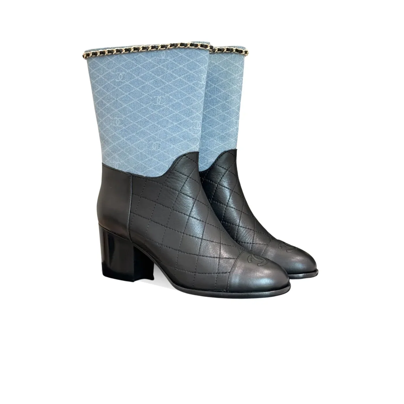 Chanel Double C Chunky Heel Boots With Chain Detail Light Blue Denim