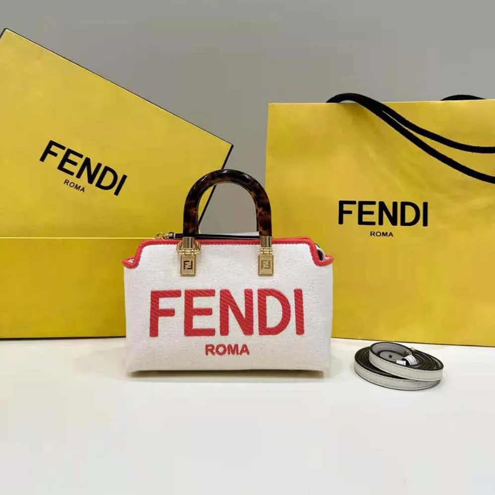 Fendi By The Way Mini Beige Canvas Small Boston Bag for Women Fendi By The Way Mini Beige Canvas Small Boston Bag for Women