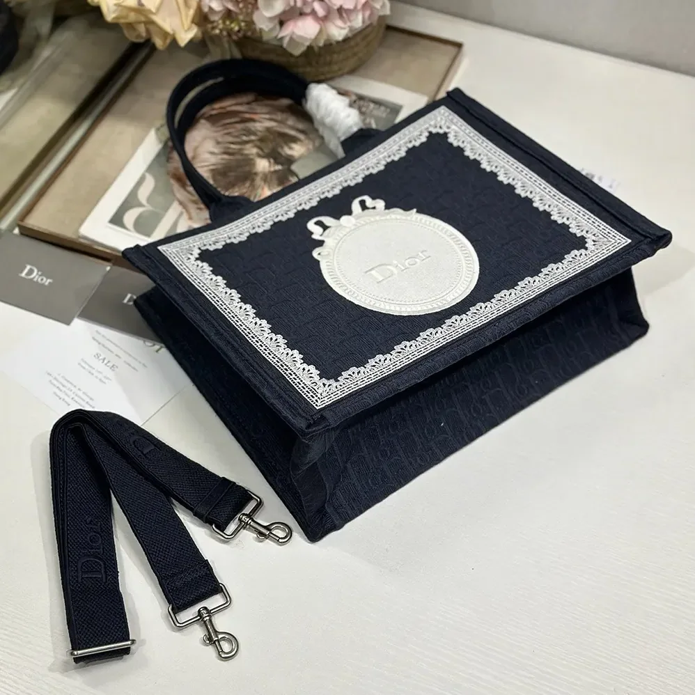 Dior Medium Dior Book Tote with Strap Celestial Blue Dior Oblique Embroidery with White Lace and Dior Médaillon for Wome Dior Medium Dior Book Tote with Strap Celestial Blue Dior Oblique Embroidery with White Lace and Dior Médaillon for Wome