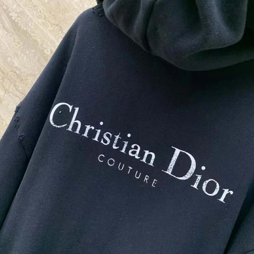Dior Christian Dior Couture Hooded Sweatshirt Black Cotton Fleece with Dévoré Effect for Women Dior Christian Dior Couture Hooded Sweatshirt Black Cotton Fleece with Dévoré Effect for Women
