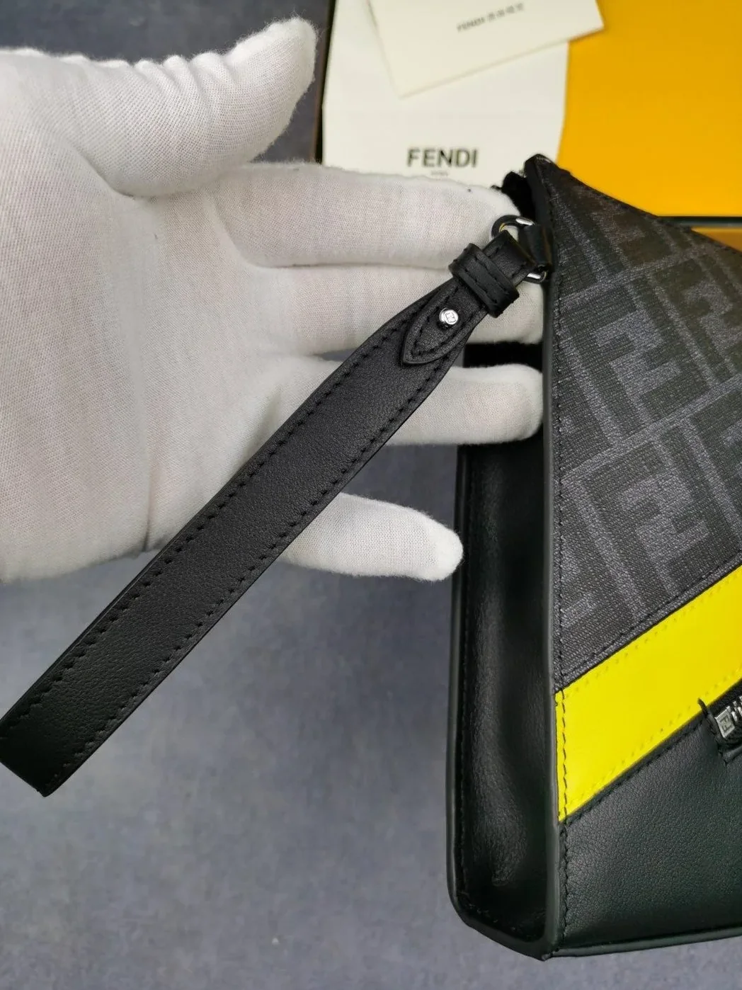 Fendi Flat Pouch Black Fabric Pouch Yellow Stripes / FF 7VA491A9XSF0R2A