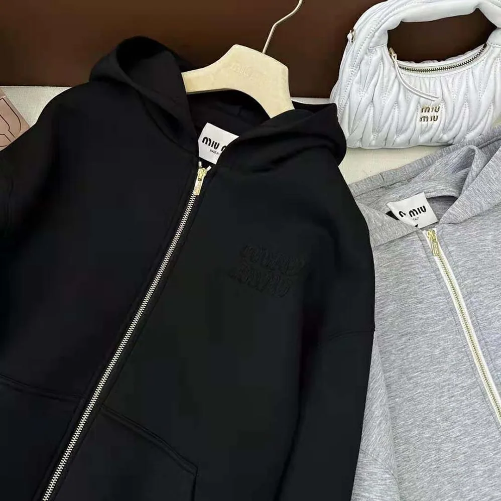 Miu Miu Cotton Hoodie with Embroidered Logo for Women in Black