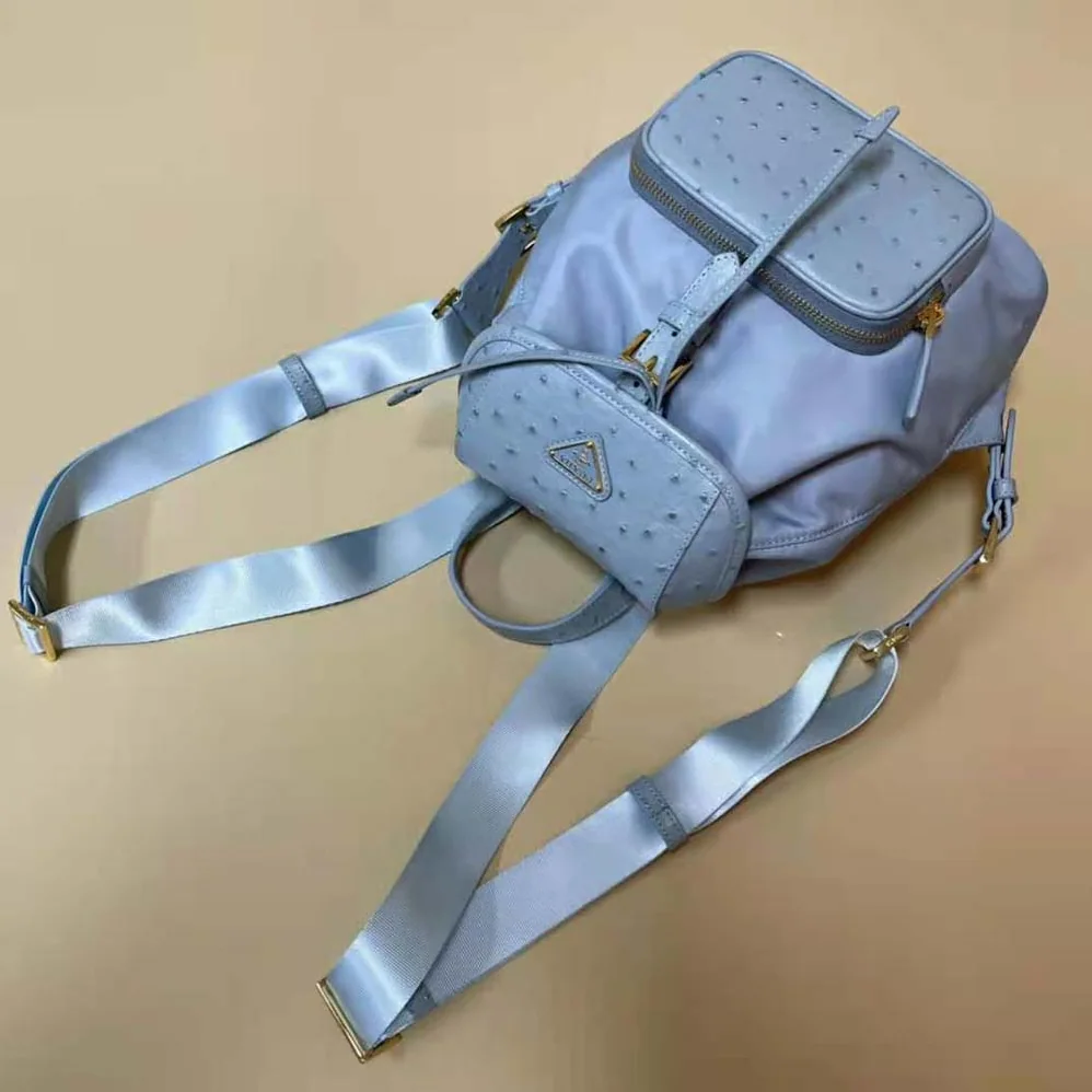 Prada Re-Nylon and Ostrich Leather Backpack for Women in Blue Prada Re-Nylon and Ostrich Leather Backpack for Women in Blue