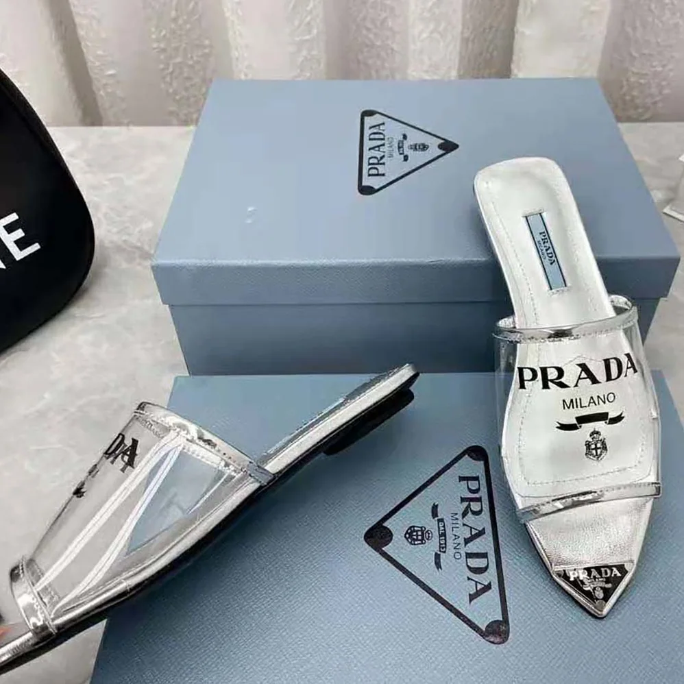 Prada Logo-Print Plexiglas Slides for Women in Silver Prada Logo-Print Plexiglas Slides for Women in Silver