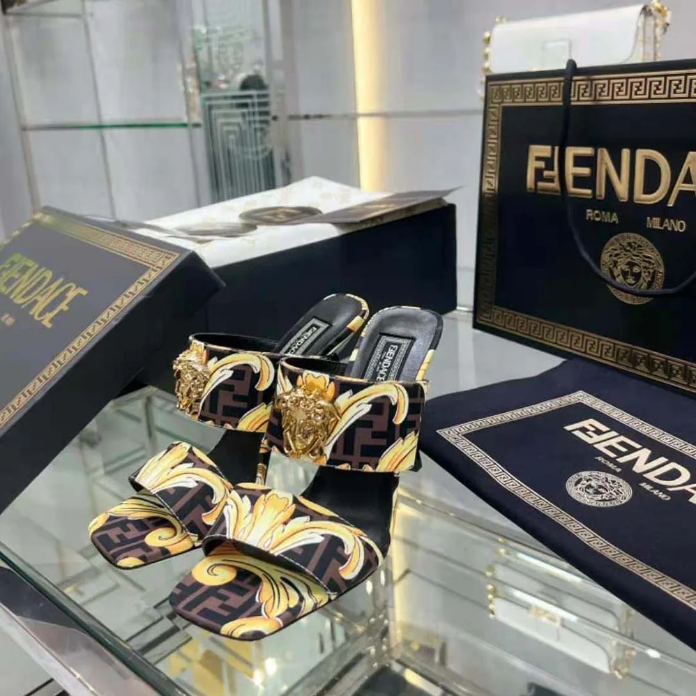 Versace Fendace Gold Baroque Mules for Women in Black