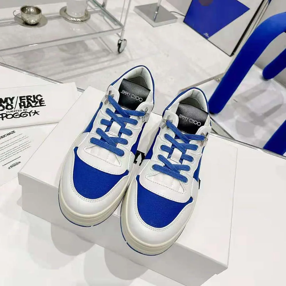 Jimmy Choo JC / Eric Haze Florent/M White Calf Leather and Blue Canvas Trainers for Unisex Jimmy Choo JC / Eric Haze Florent/M White Calf Leather and Blue Canvas Trainers for Unisex