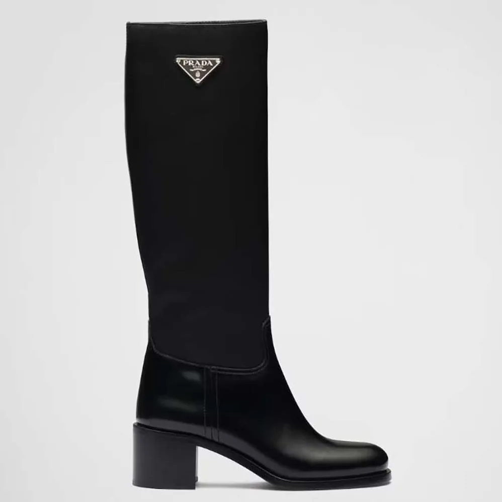 Prada Brushed Leather and Nylon Boots for Women in Black