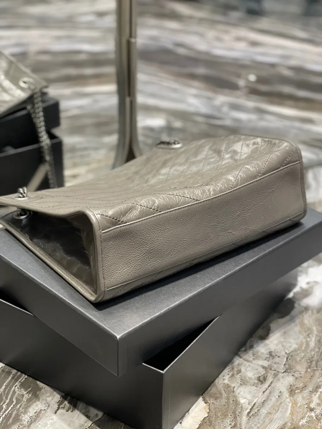 Saint Laurent Niki Shopping Medium Tote Bag in Green Khaki Silver Hardware
