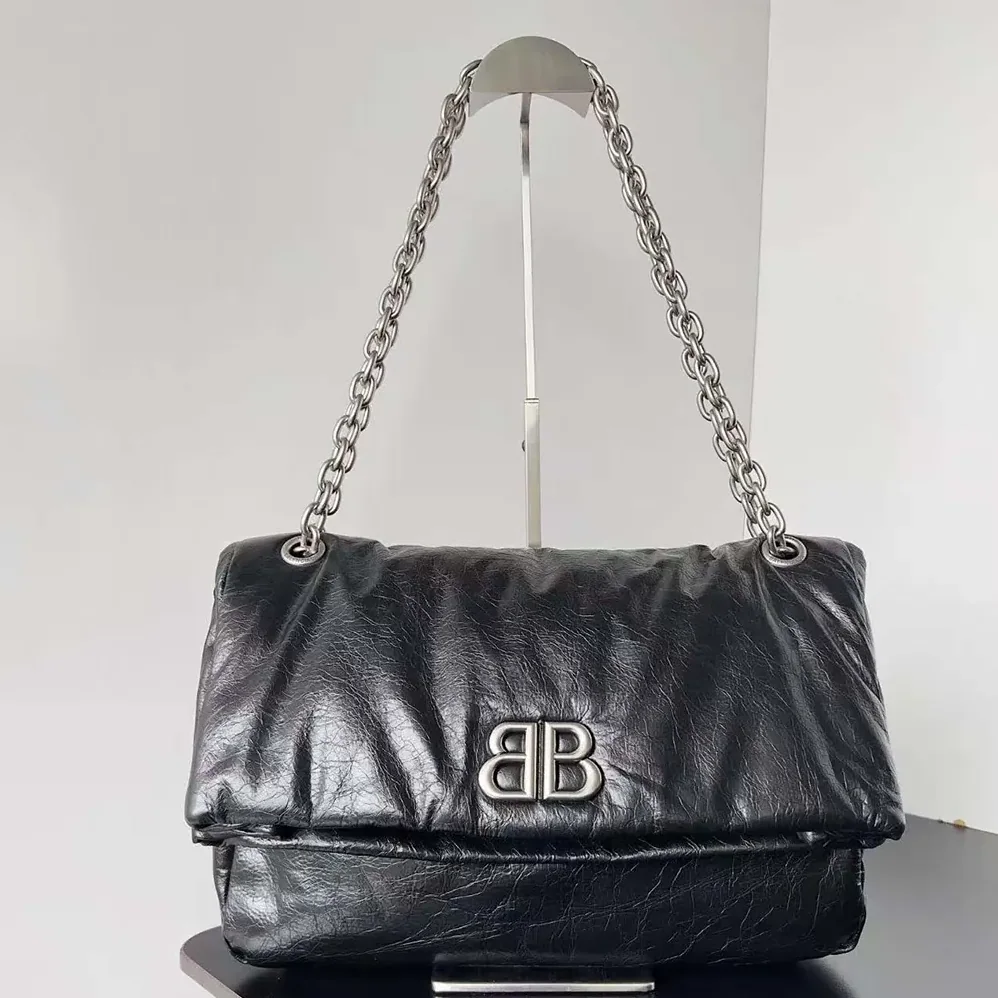 Balenciaga Monaco Large Chain Bag in Black for Women in Silver Arena Calfskin Balenciaga Monaco Large Chain Bag in Black for Women in Silver Arena Calfskin