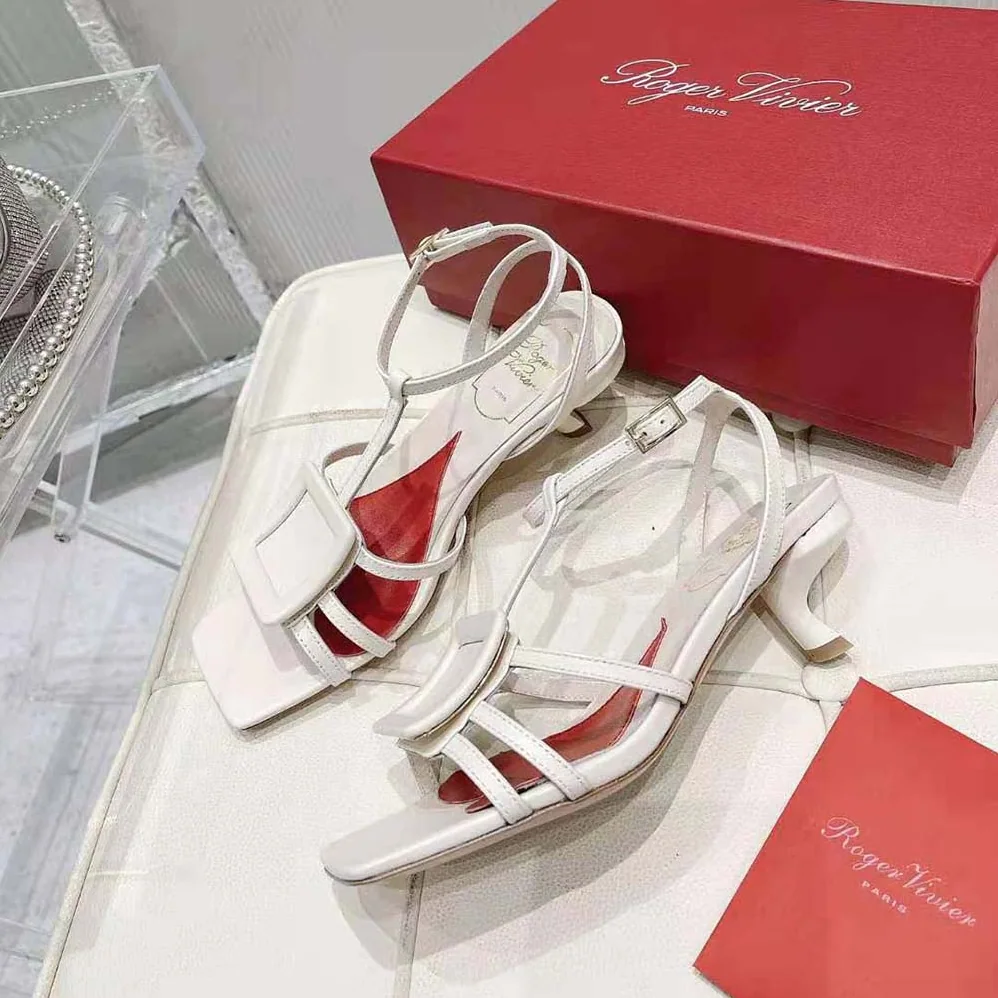 Roger Vivier Virgule Covered Buckle Sandals in Leather for Women in White Roger Vivier Virgule Covered Buckle Sandals in Leather for Women in White
