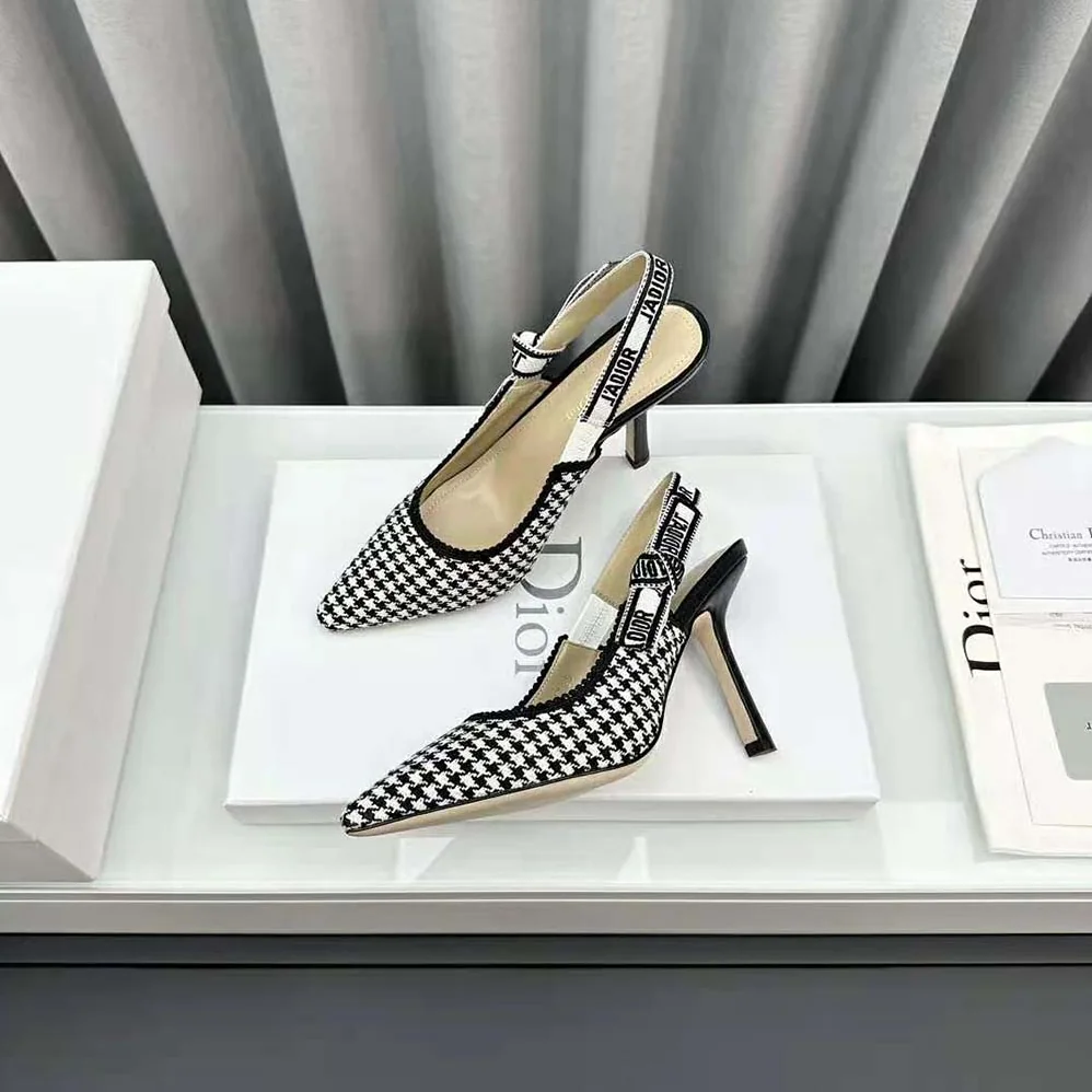 Dior J'Adior Slingback Pump White and Black Micro for Women in Houndstooth Embroidered Cotton
