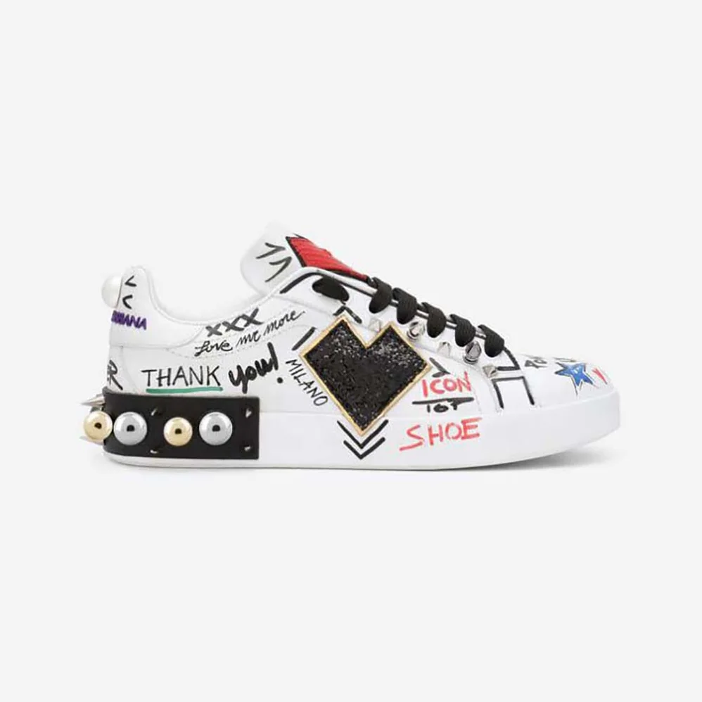 Dolce Gabbana D&G Printed Calfskin Portofino Sneakers with Patch for Unisex