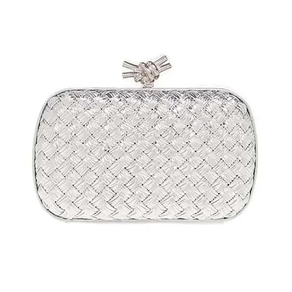 Bottega Veneta Knot Pressed Intreccio Laminated Leather Minaudiere for Women in Silver Bottega Veneta Knot Pressed Intreccio Laminated Leather Minaudiere for Women in Silver