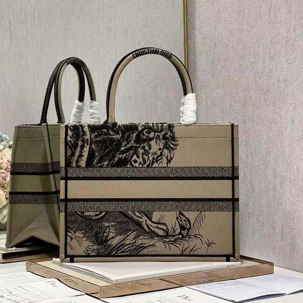 Dior Medium Dior Book Tote Brown and Black Macro Toile de Jouy Tiger Embroidery for Women Dior Medium Dior Book Tote Brown and Black Macro Toile de Jouy Tiger Embroidery for Women