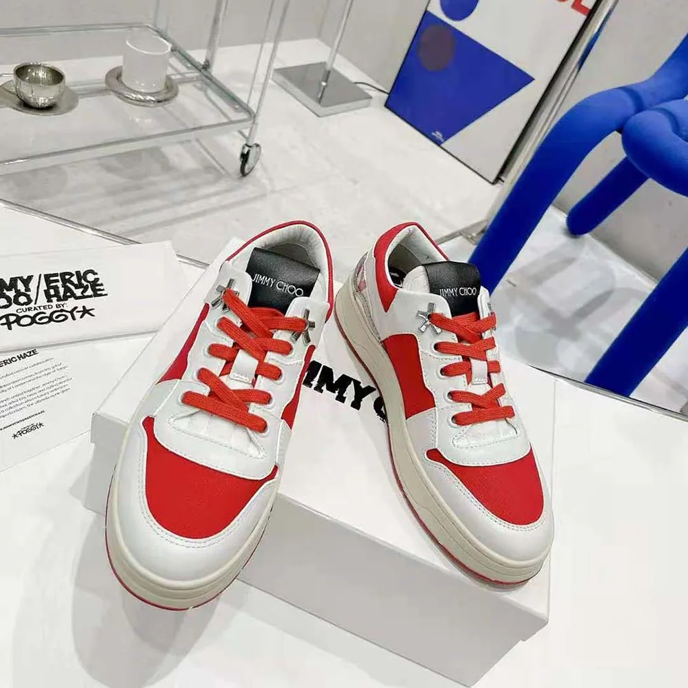 Jimmy Choo JC / Eric Haze Florent/M White Calf Leather and Red Canvas Trainers for Unisex