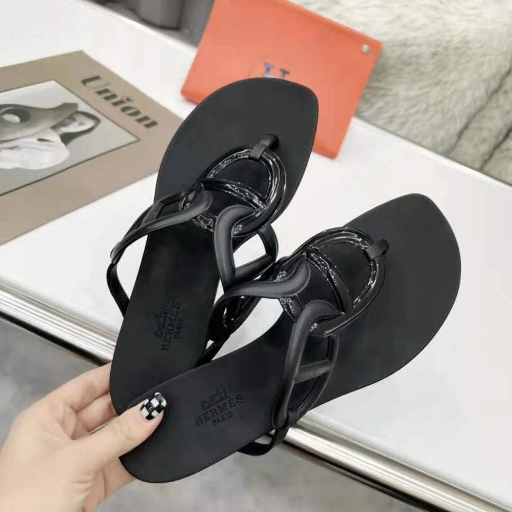 Hermes Egerie Sandal in Waterproof TPU with Chaine D Ancre Motif for Women in Black Hermes Egerie Sandal in Waterproof TPU with Chaine D Ancre Motif for Women in Black