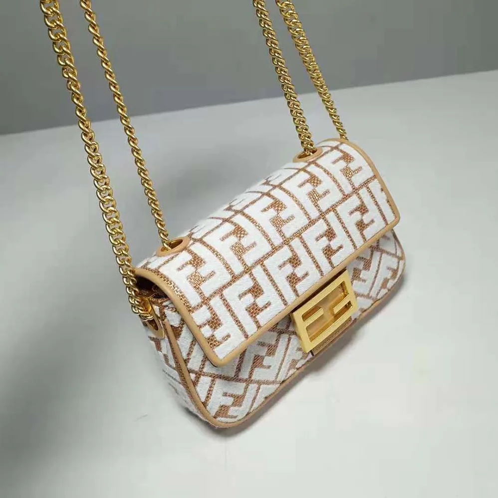 Fendi Baguette Chain Midi Raffia Bag with White Tapestry Fabric FF Motif for Women