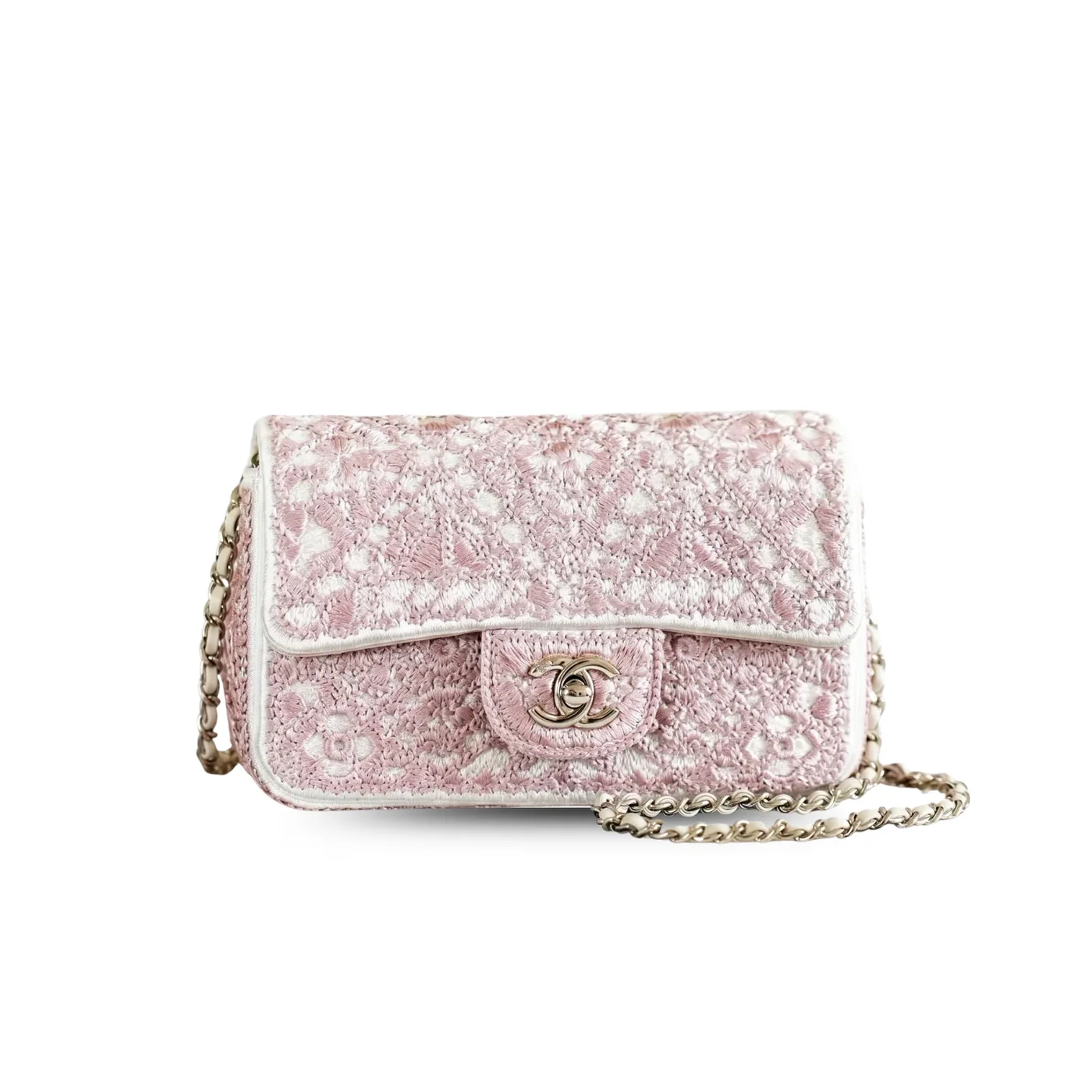 Chanel Crochet Small Flap Bag Crossbody in Pink Gold Hardware Chanel Crochet Small Flap Bag Crossbody in Pink Gold Hardware