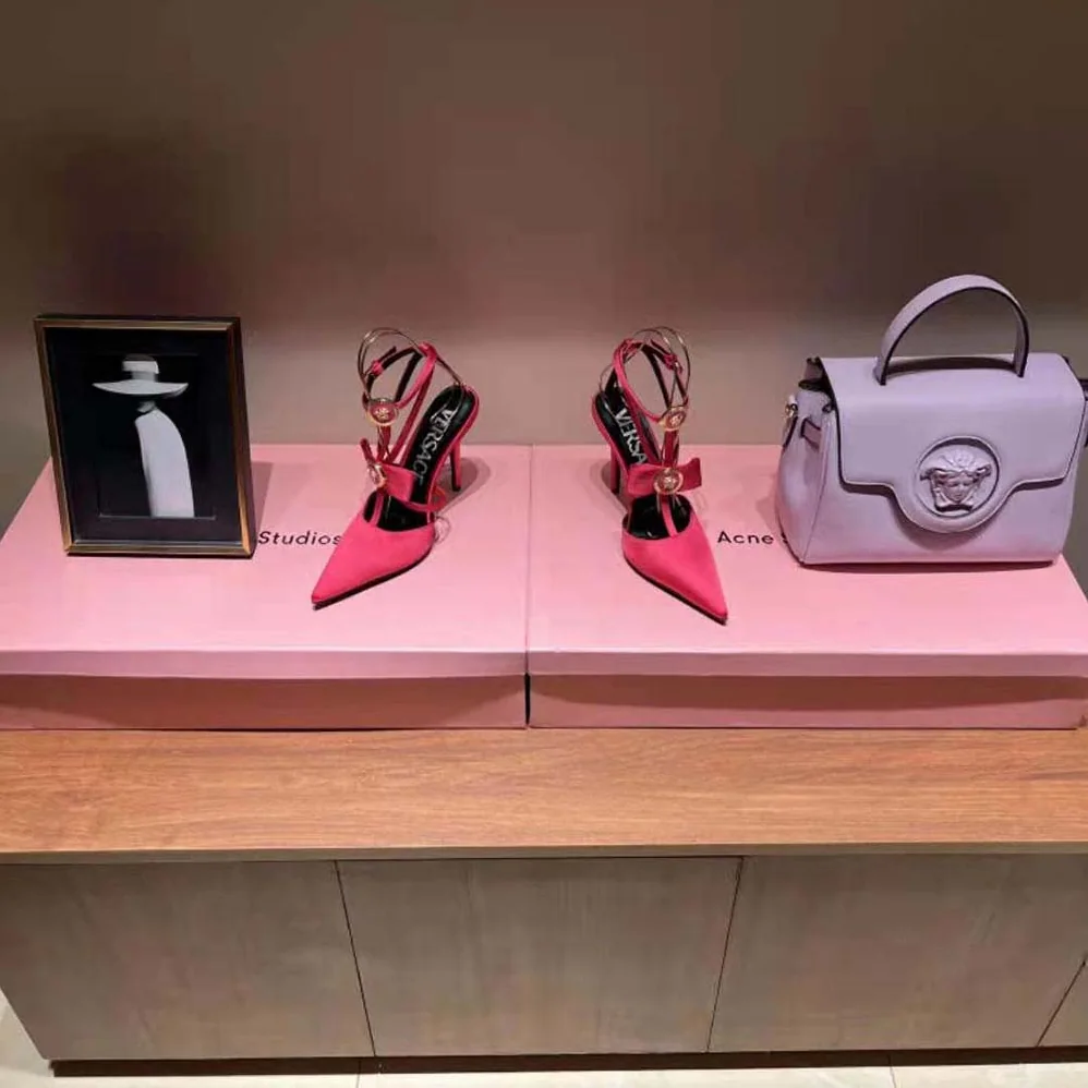 Versace Gianni Ribbon Cage Satin Pumps for Women in Rose Versace Gianni Ribbon Cage Satin Pumps for Women in Rose