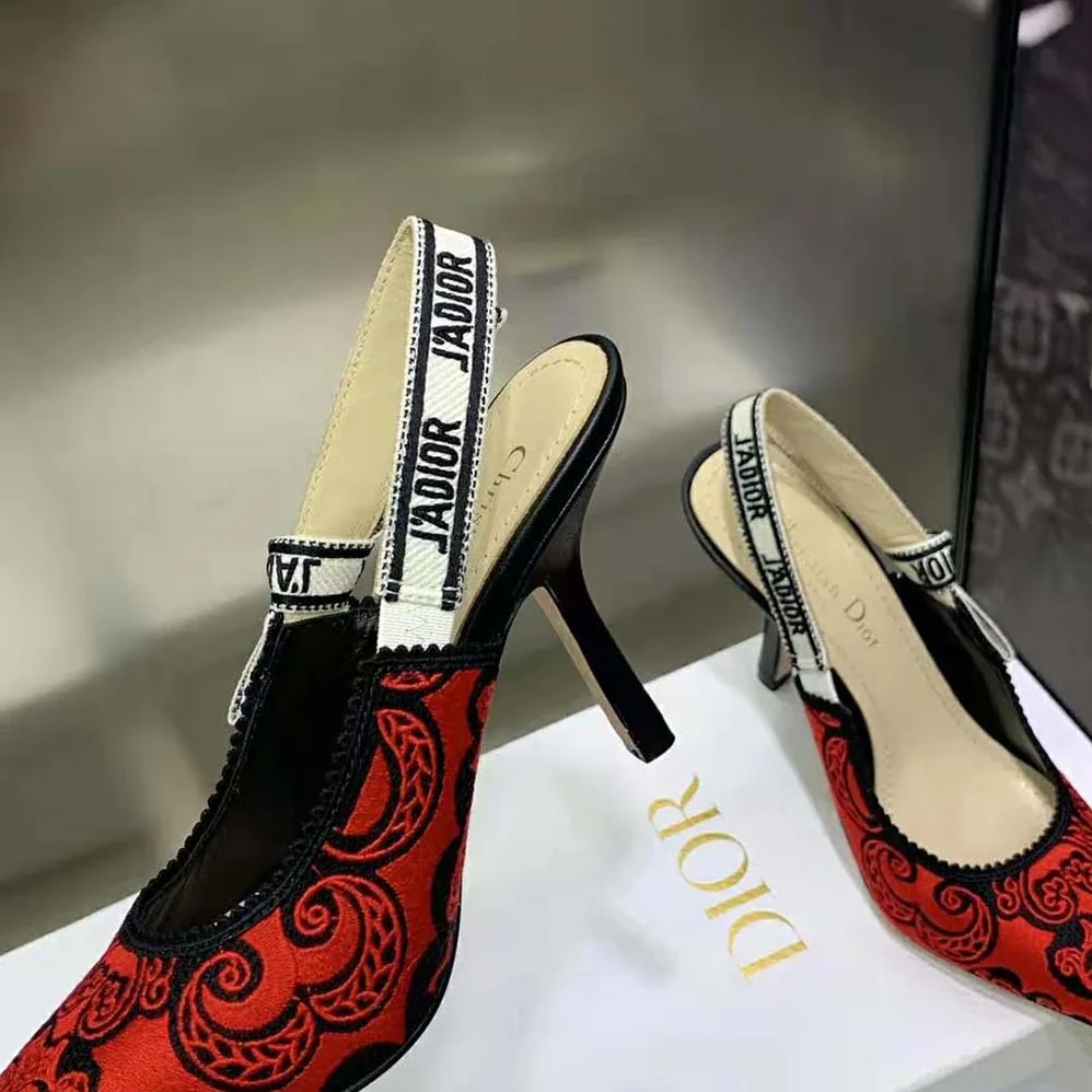 Dior J'Adior Slingback Pump Black and Red Cotton with Dior Bandana Embroidery for Women Dior J'Adior Slingback Pump Black and Red Cotton with Dior Bandana Embroidery for Women