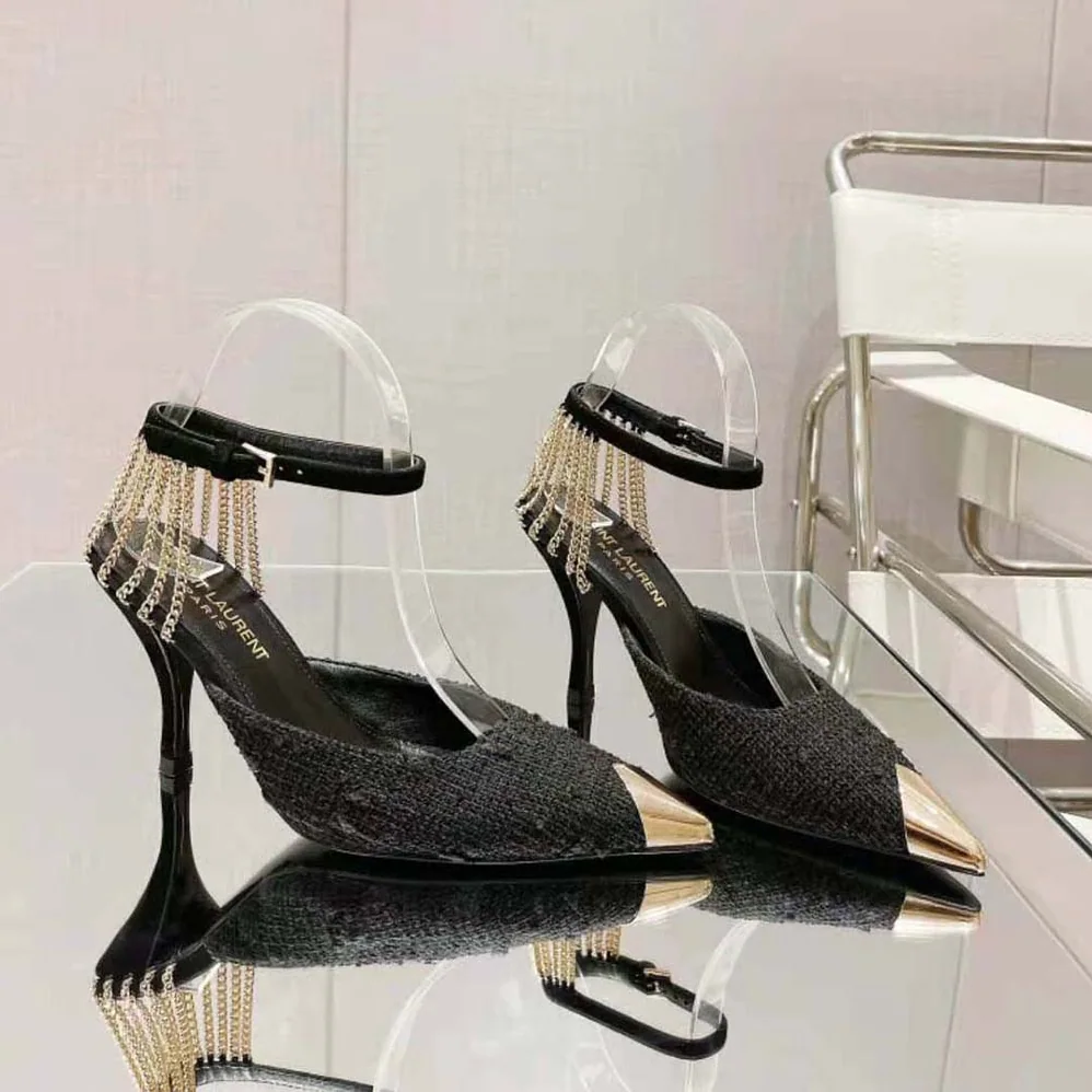 Saint Laurent YSL Sling Chain Pumps in Boucle Tweed for Women Saint Laurent YSL Sling Chain Pumps in Boucle Tweed for Women