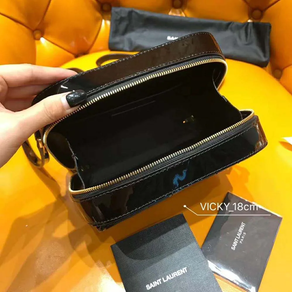 Saint Laurent YSL Vicky Camera Bag Quilted Patent for Women in Black