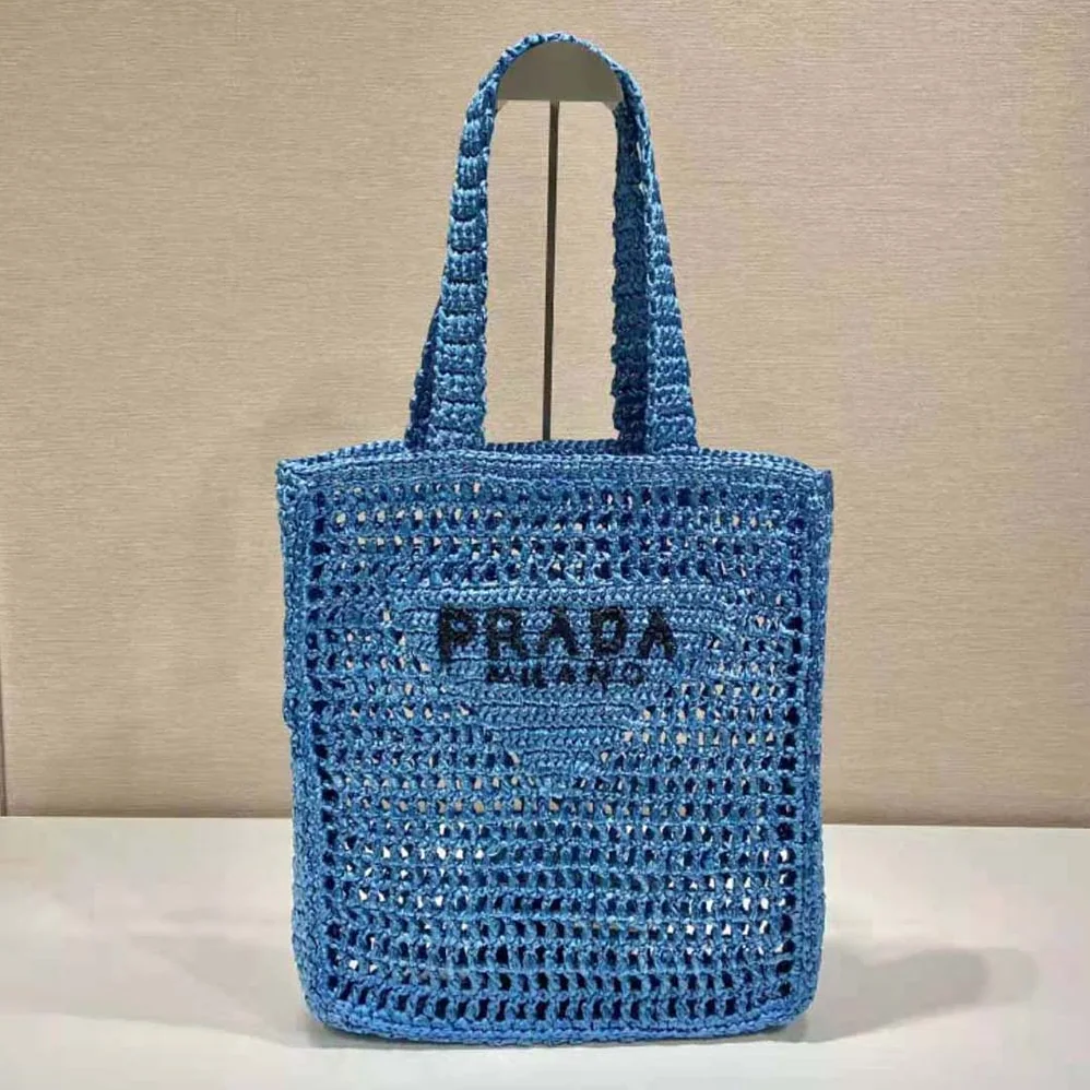 Prada Raffia Tote Bag with A Soft for Women in Blue