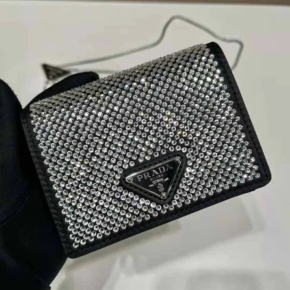 Prada Crystal-Studded Card Holder with Shoulder Strap for Women in Black