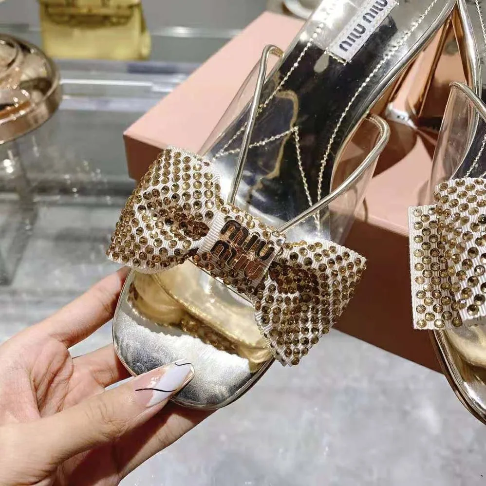 Miu Miu Vinyl and Metallic Leather Sandals with Crystals for Women